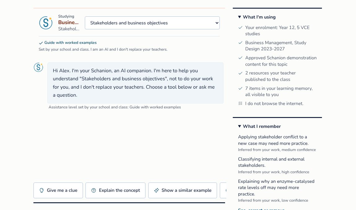 The student companion screen: a greeting, the chosen topic, and buttons for a clue, an explanation or a similar example. Fictional demonstration data.