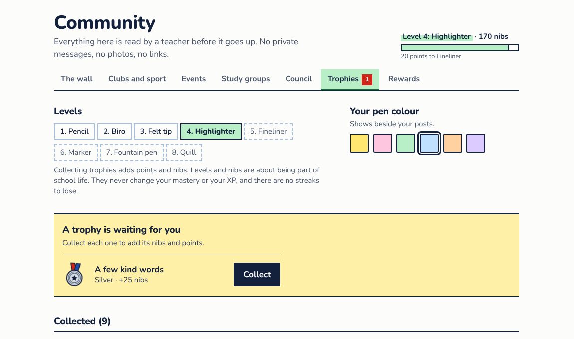 The trophy page: levels named after pens, a pen colour picker and a trophy waiting to be collected. Fictional demonstration data.